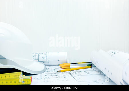 architects and engineering desk view. construction concept. drawing and measuring tools on table. Stock Photo