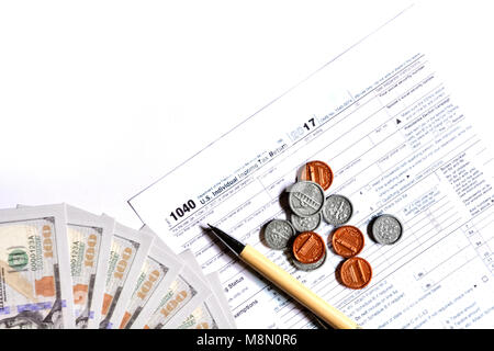 American tax form 1040 on white background. Fill-up American tax form. Stock Photo