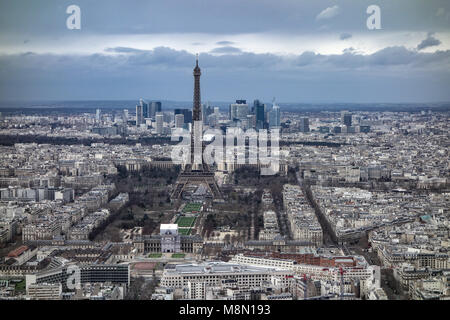 Jan 2, 2018 - View over Paris, looking towards the Eiffel Tower and La Defense, from the observation deck at the top of the Tour Montparnasse, Paris,  Stock Photo