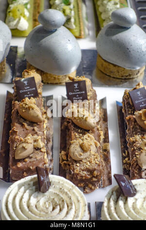 Paris, France - Jan 2, 2017: Pastries on display in a traditional French patisserie Stock Photo