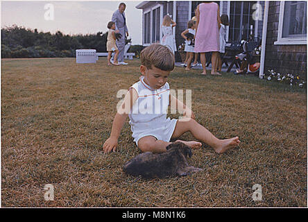 Hyannisport, MA, Squaw Island -- John F. Kennedy Jr. with puppy on in Hyannisport, Massachusetts on August 3, 1963.  Mandatory Credit: Cecil Stoughton - The White House via CNP /MediaPunch Stock Photo