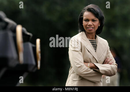 U.S. Secretary of State Condoleezza Rice awaits the start of a joint press conference by U.S. President George W. Bush and Afghan President Hamid Karzai in Camp David Maryland, USA on Monday 06 August 2007. Karzai's two-day visit to the Presidential mountain retreat included discussions of trouble at home, including a hostage crisis and a resurgent Taliban. /MediaPunch Stock Photo