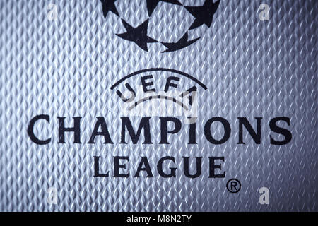 Kiev, Ukraine - February 22, 2018: Close-up inscription UEFA Champions League on the official ball for the game in the final Stock Photo