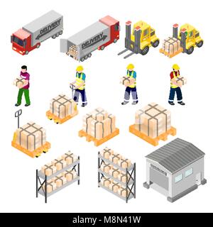 Isometric warehouse logistics elements. Cargo and delivery infographics. Forklift and workers, truck and storehouse 3d icons Stock Vector