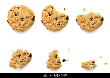Six steps of chocolate chip cookie with pecan nuts vanishing. Sequence isolated on white background. Stock Photo