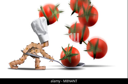 Chef box character holding a large spoon catching tomatoes as they fall. White hat and white background. Cooking, job and food concept. Stock Photo