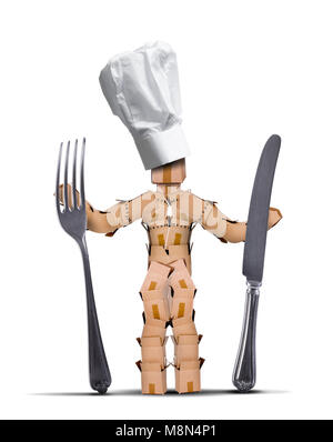 Chef box character with tall chef hat holding big knife and fork against a white background. Cooking and kitchen concept Stock Photo