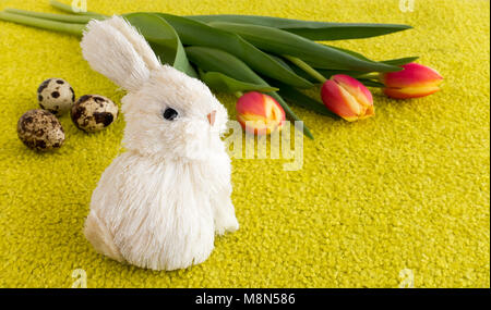 Easter Bunny, Tulips and Easter Eggs on Lime Green Background with Copy Space. Stock Photo