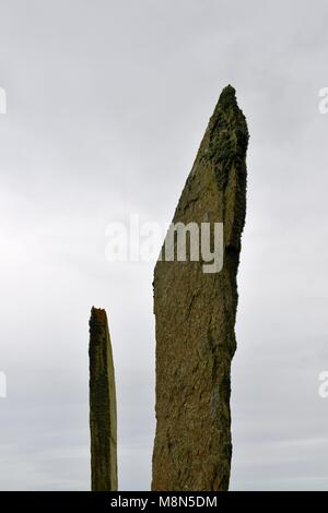 Standing Stones of Stenness, Orkney. 5m high prehistoric megaliths of stone circle henge monument originally of up to 12 stones over 5000 years old Stock Photo