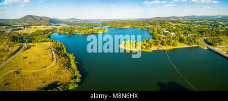 Wide aerial panoramic landscape of scenic Lake Burley Griffin in Canberra, ACT, Australia Stock Photo