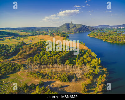 Aerial view of Molonglo river and iconic Telstra tower in Canberra, Australia Stock Photo