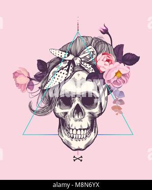 Women's skull in pop art style with fashionable hairstyle and scarf against abstract background and surrounded by rose flowers. Vector illustration can be used as t-shirt print, poster, postcard etc Stock Vector