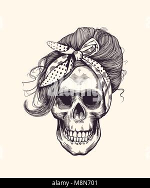 Stylish human skull with fashionable 1960s hairstyle and headscarf hand drawn in woodcut style inside triangle against stripes and circles on background. Vector illustration for poster, banner, print. Stock Vector