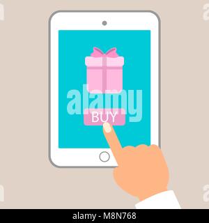 E commerce flat vector illustration. Man push buy button on tablet pc to purchase gift. Stock Vector