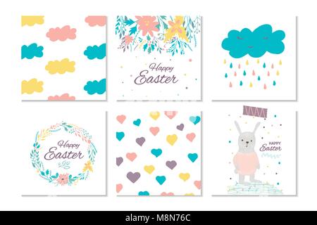 Collection of 6 Easter card, banner background, template with beautiful spring flowers, leaves, hearts, dots and rabbit, bunny. Modern postcard or inv Stock Vector