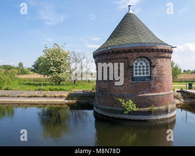 Hamburg, Germany - May 19, 2016: Old control cabin at pond  at the compound of Industrial museum Wasserkunst Kaltehofe. Stock Photo