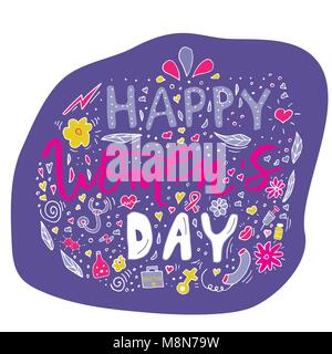 Beautiful card design for happy women's day celebration. Postcard for woman doctor, mother, girl, lady with flowers and female accesories. Vector. Stock Vector