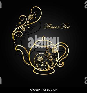 Gold teapot and cup with floral design elements. Stock Vector