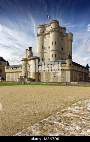 Chateau de Vincennes in Paris. France castle with French national flag under the sunny blue sky. Stock Photo