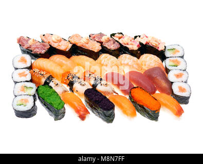 Different kinds of sushi roll isolated on white background. Japanese cuisiune. Stock Photo