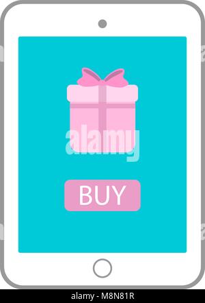 Tablet with gift on monitor icon. Vector tab illustration Stock Vector