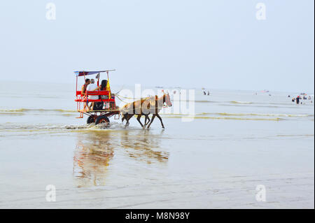 NAGAON BEACH, MAHARASHTRA, INDIA 13 JAN 2018. Tourists enjoy a horse cart ride at the Nagaon beach Stock Photo