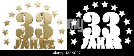 Golden digit thirty three and the word of the year, decorated with stars. Translated from the German. 3D illustration Stock Photo
