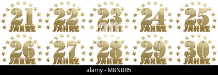 Set of gold numbers and lettering of the year, decorated with stars. Translated from the German- years. 3D illustration Stock Photo