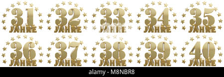 Set of gold numbers and lettering of the year, decorated with stars. Translated from the German- years. 3D illustration Stock Photo