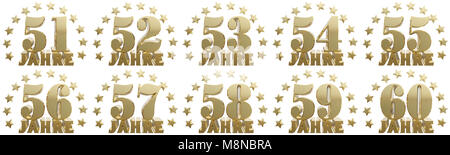 Set of gold numbers and lettering of the year, decorated with stars. Translated from the German- years. 3D illustration Stock Photo