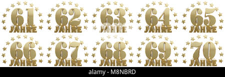 Set of gold numbers and lettering of the year, decorated with stars. Translated from the German- years. 3D illustration Stock Photo