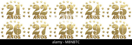 Set of gold numbers and lettering of the year, decorated with stars. Translated from the Spanish - years. 3D illustration Stock Photo