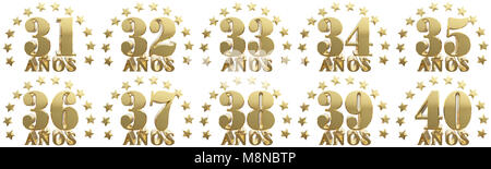 Set of gold numbers and lettering of the year, decorated with stars. Translated from the Spanish - years. 3D illustration Stock Photo