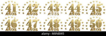 Set of gold numbers and lettering of the year, decorated with stars. Translated from the Spanish - years. 3D illustration Stock Photo