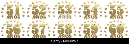 Set of gold numbers and lettering of the year, decorated with stars. Translated from the Spanish - years. 3D illustration Stock Photo