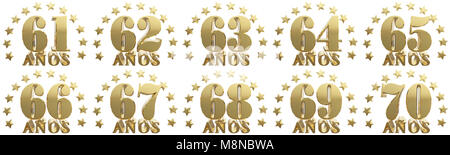 Set of gold numbers and lettering of the year, decorated with stars. Translated from the Spanish - years. 3D illustration Stock Photo