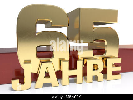 Golden digit sixty five and the word of the year. Translated from the German - years.3D illustration Stock Photo