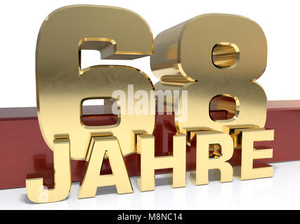 Golden digit sixty eight and the word of the year. Translated from the German - years.3D illustration Stock Photo