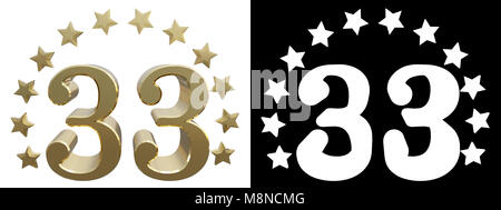 Gold number thirty three, decorated with a circle of stars. 3D illustration Stock Photo
