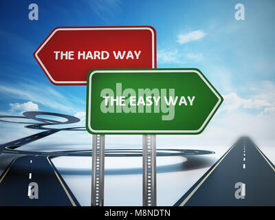 The easy way and the hard way signboards with curved and straight roads. 3D illustration. Stock Photo