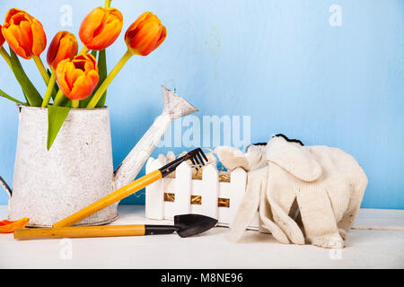 Garden tools and bouquet of tulips on the table. Getting ready for planting vegetables. Stock Photo