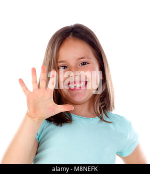 Adorable child girl counting with his fingers isolated on a white background Stock Photo