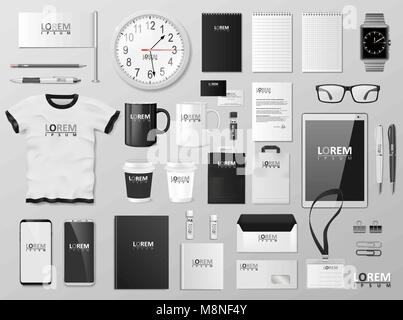 Corporate Branding identity template design. Modern Stationery mockup black and white color. Business style stationery and documentation. Vector illustration Stock Vector
