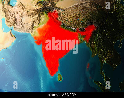 India in early morning light highlighted in red on planet Earth. 3D illustration. Elements of this image furnished by NASA. Stock Photo