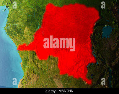 Democratic Republic of Congo in early morning light highlighted in red on planet Earth. 3D illustration. Elements of this image furnished by NASA. Stock Photo