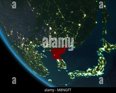 North Korea from orbit of planet Earth with clouds at night with highly ...