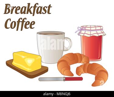 a vector illustration in eps 10 format of a breakfast meal with a mug of coffee two croissant a jar of strawberry jam butter and a knife Stock Vector
