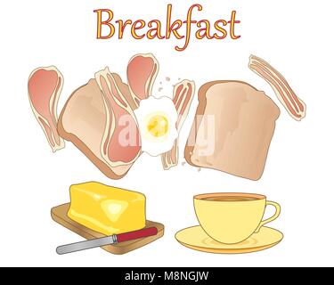 a vector illustration in eps 10 format of a breakfast meal with a cup of tea toast bacon rashers fried egg and a block of golden butter Stock Vector