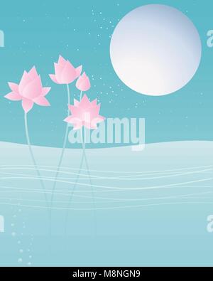 a vector illustration in eps 10 format of pink lotus flowers on water with a big silver moon and stars in a greeting card format with a blue night sky Stock Vector