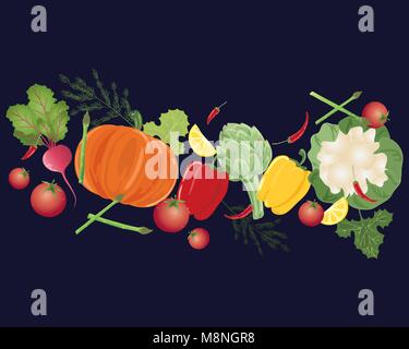 a vector illustration in eps 10 format of a selection of colorful home grown vegetables on a dark blue background Stock Vector